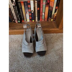 Coclico grey leather slingback ruched open toe heels sz 37